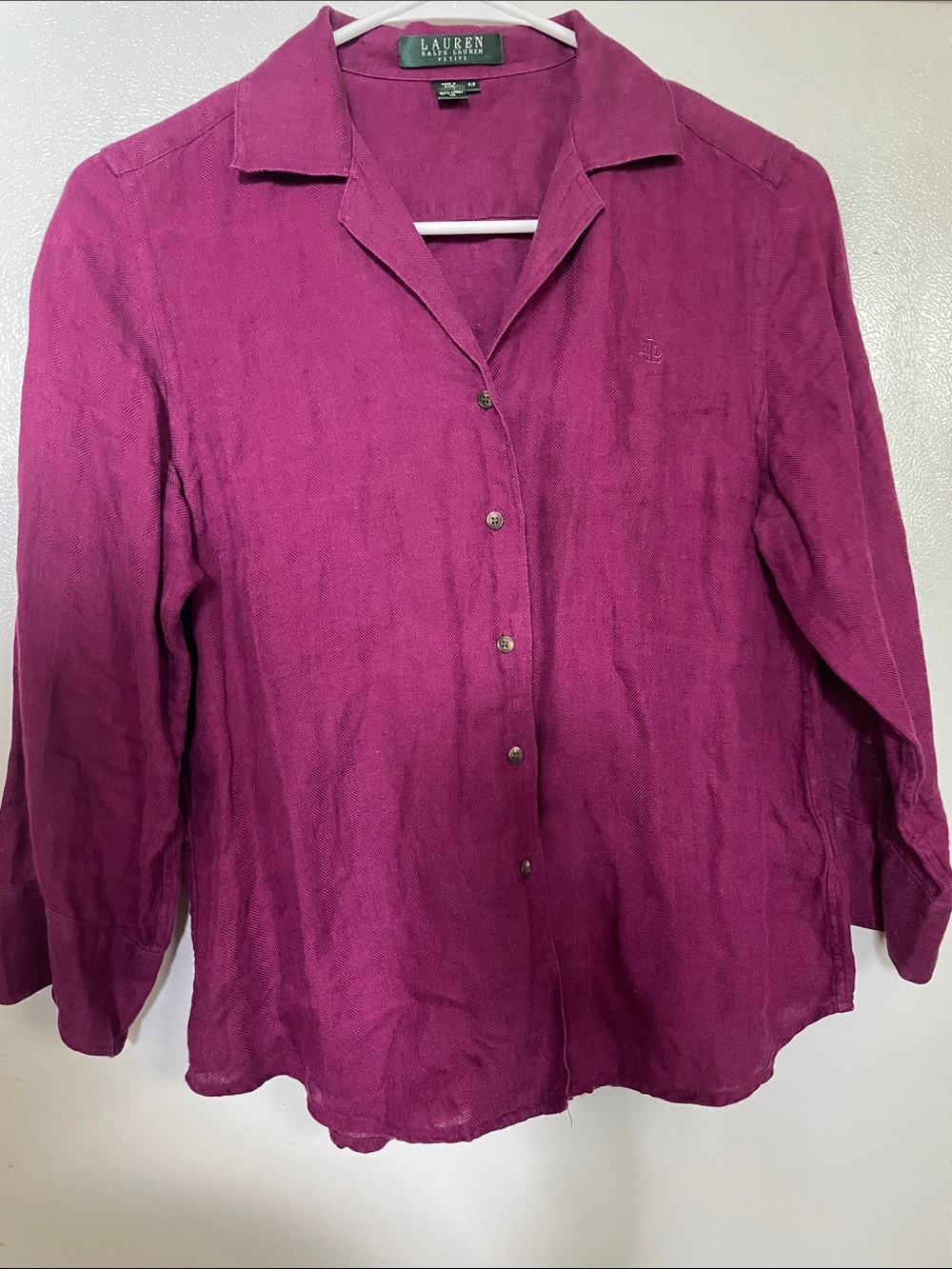 Lauren Ralph Lauren Small Petite Purple Fuchsia Button-Front 100% Linen Blouse